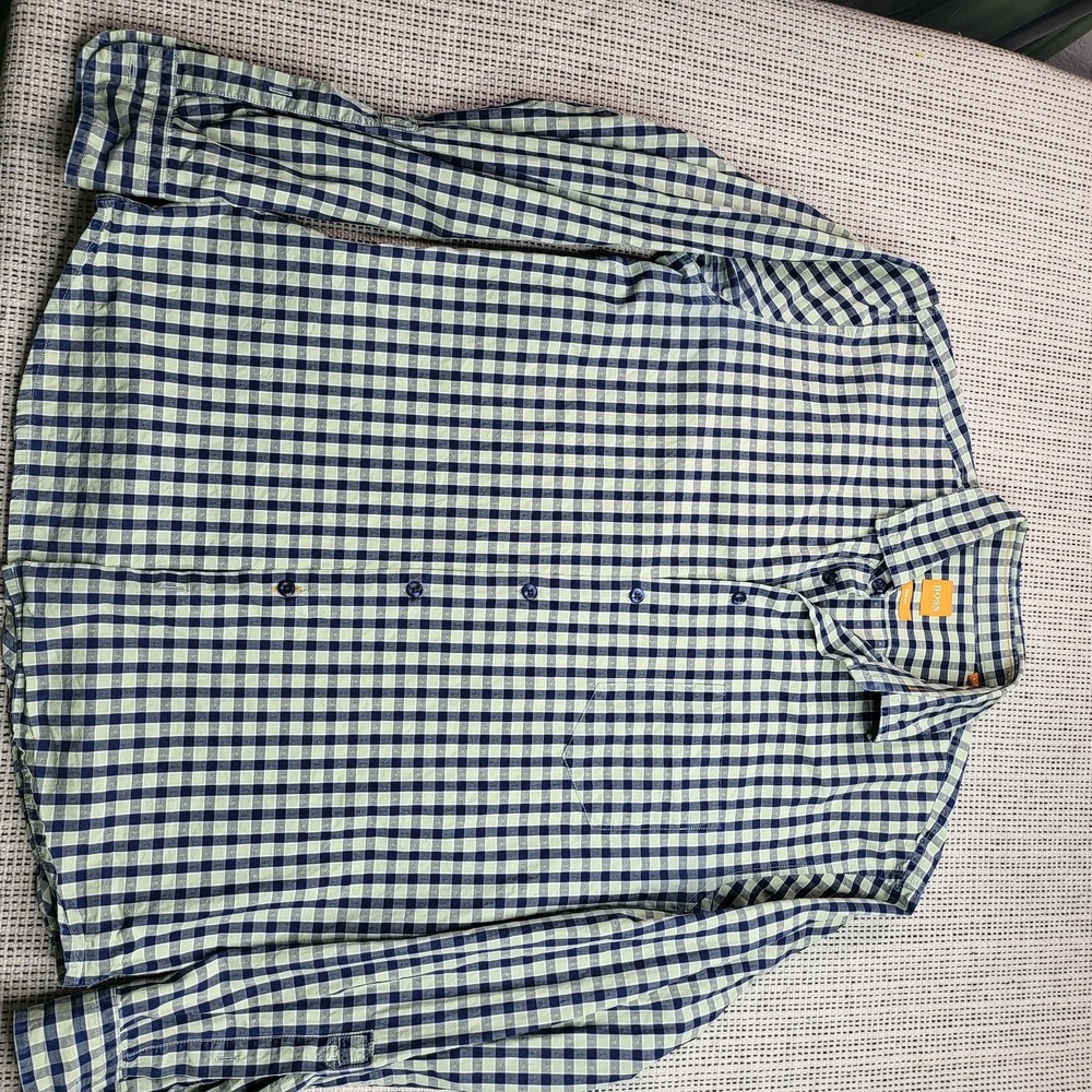 Hugo Boss Shirt Mens Large Blue Check Slim Fit Long Sleeve Button Front Casual